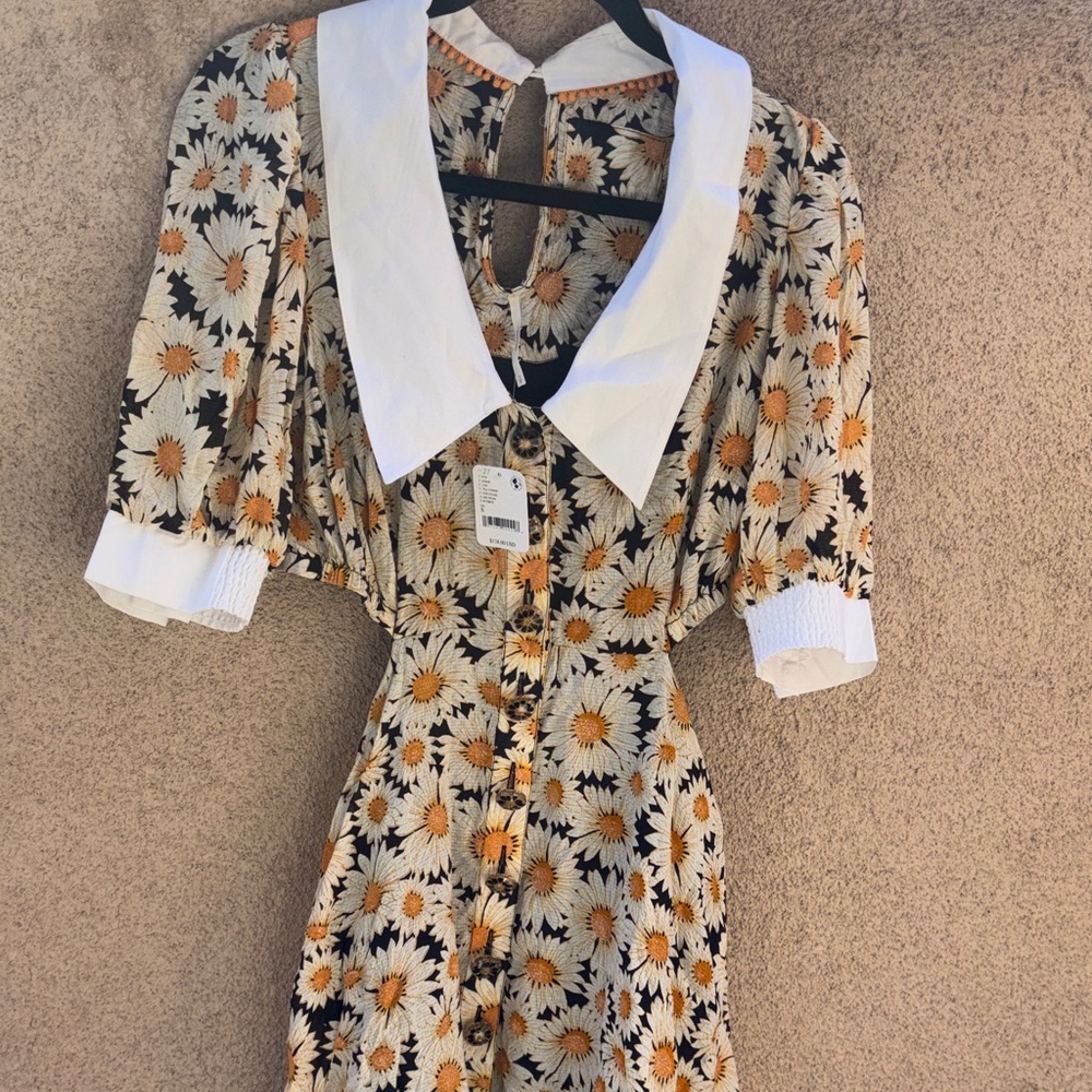 Free People Floral Daisy Print Midi Dress with Statement Collar